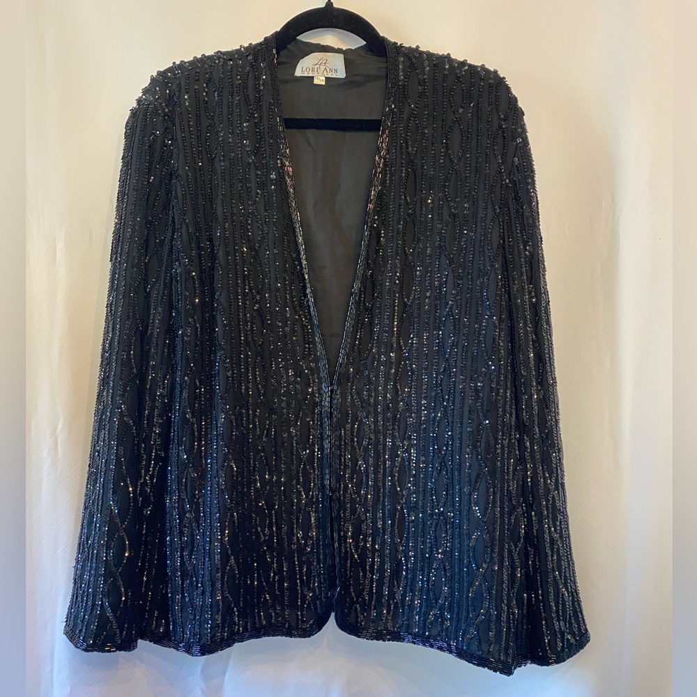 Vintage Whimsygoth Womens Black Silk Hand Beaded Sequin Embellished Blazer 15/16